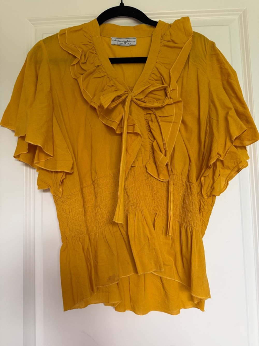 Ruffle Tie-Neck Blouse in Mustard